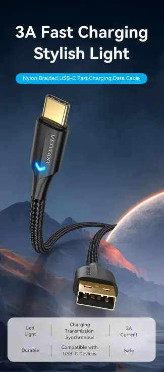VENTION Nylon Braided USB 2.0 A Male to C Male 3A Cable 1.5M Black LED Type Model# CTFBG-SCB