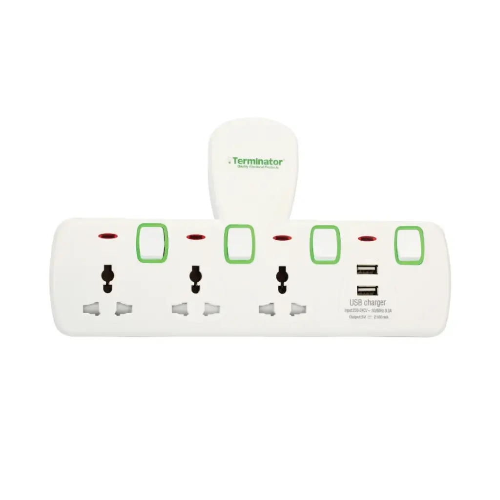 Terminator 3 Way Universal T-Socket Multi Adaptor With 2 USB 2.1A Individual Switches & Indicators 13A Model#TMA 3T-2USB