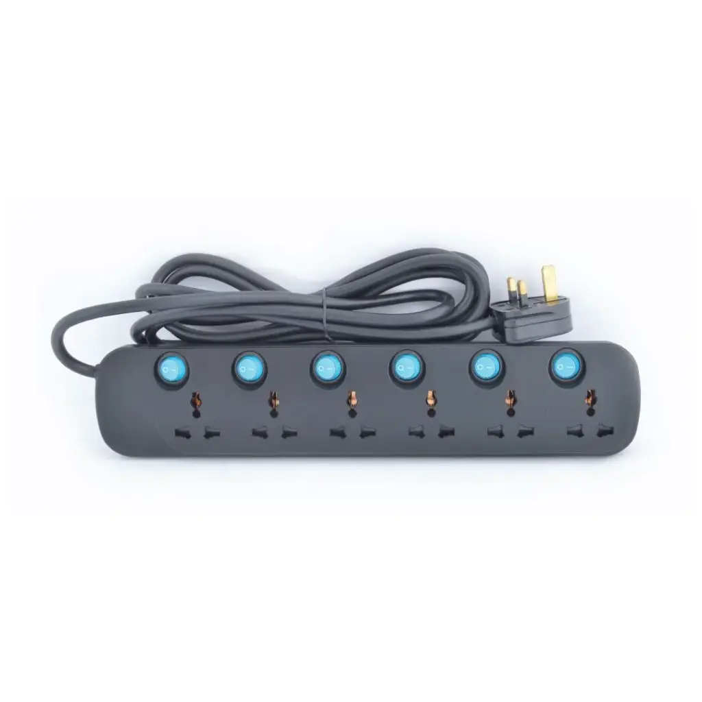 Terminator 6 Way Universal Power Extension Socket 3X1.25MM2 Black Body & Blue Switch 3M Cable 13A Plug