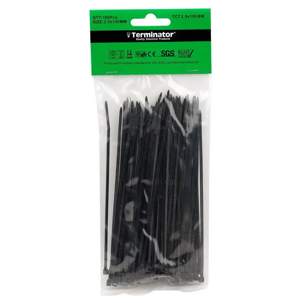 [TCT 2.5X150 BW] Terminator Cable Ties In Black Colour (100Pcs In Bag)