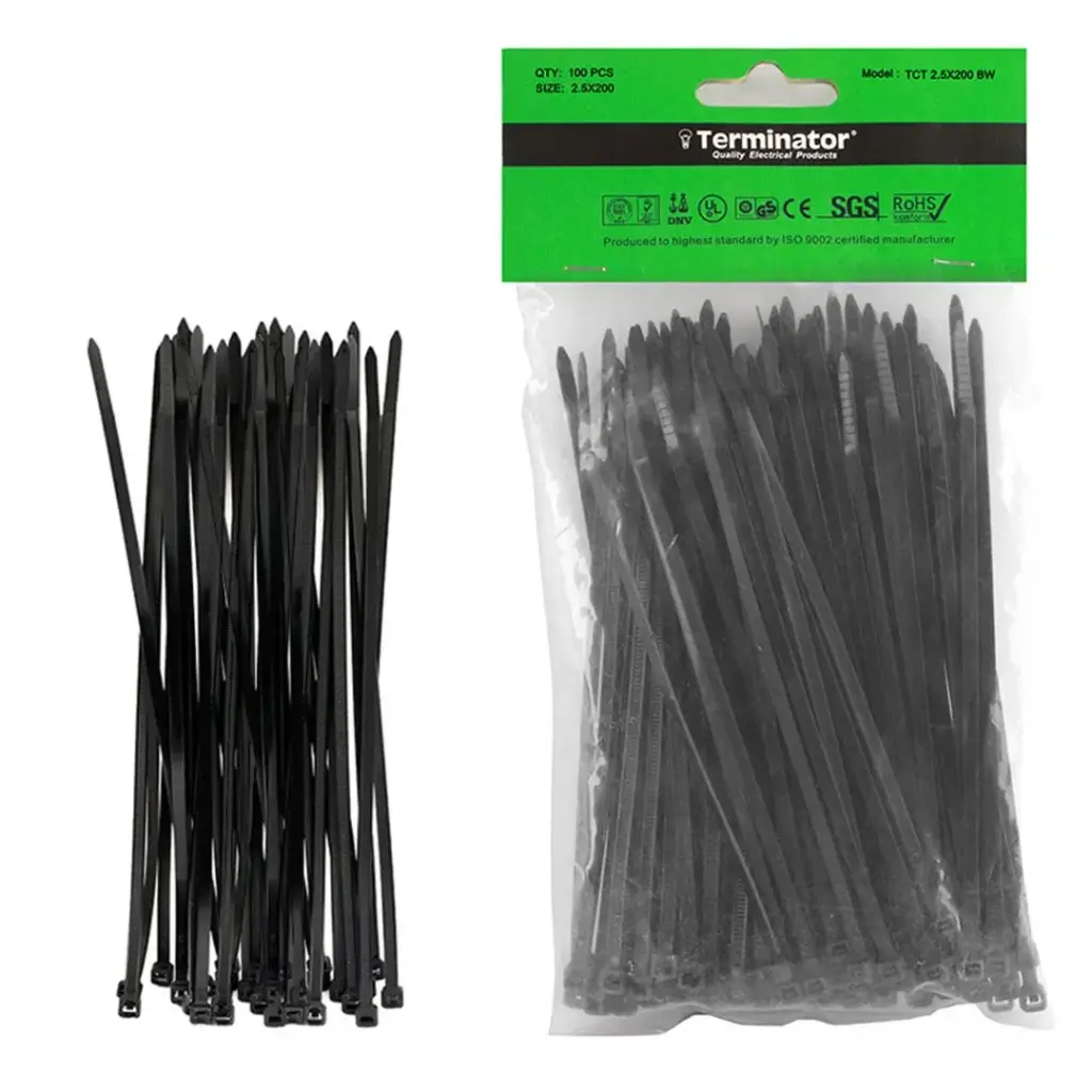 [TCT 2.5X200 BW] Terminator Cable Ties In Black Colour (100Pcs In Bag)