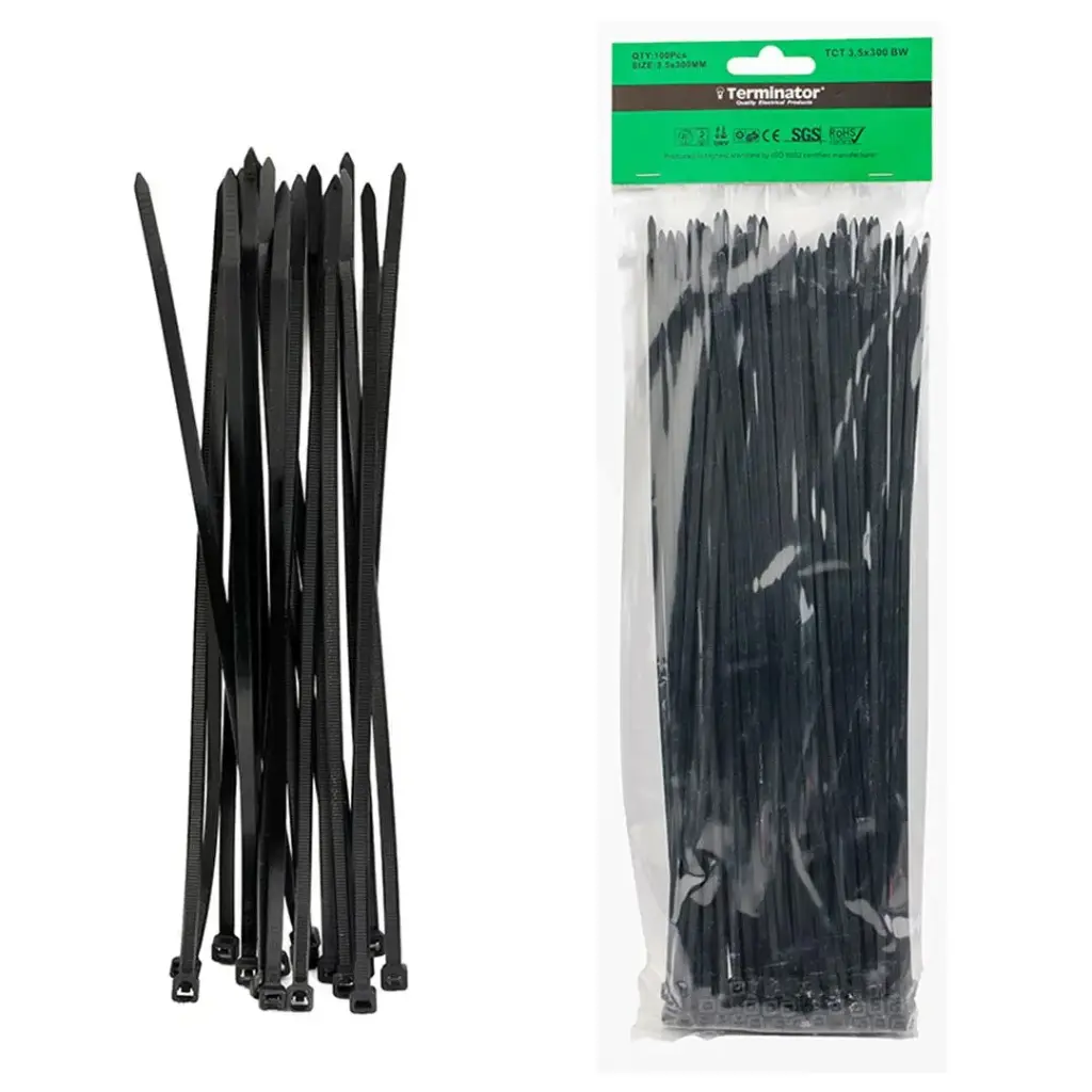 [TCT 3.5X300 BW] Terminator Cable Ties In Black Colour (100Pcs In Bag)