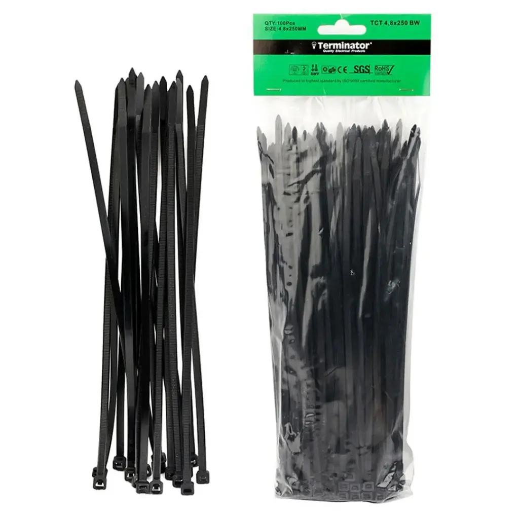 [TCT 4.8X250 BW] Terminator Cable Ties In Black Colour (100Pcs In Bag)