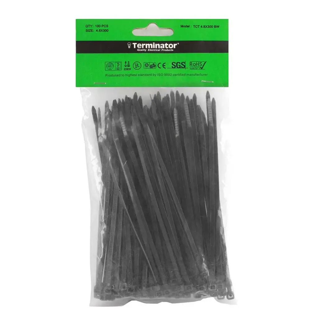 [TCT 4.8X300 BW] Terminator Cable Ties In Black Colour (100Pcs In Bag)
