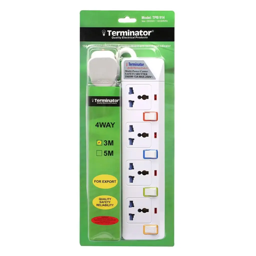 [TPB 914] Terminator 4 Way Universal Power Extension Socket With Individual With And Indicators 3M