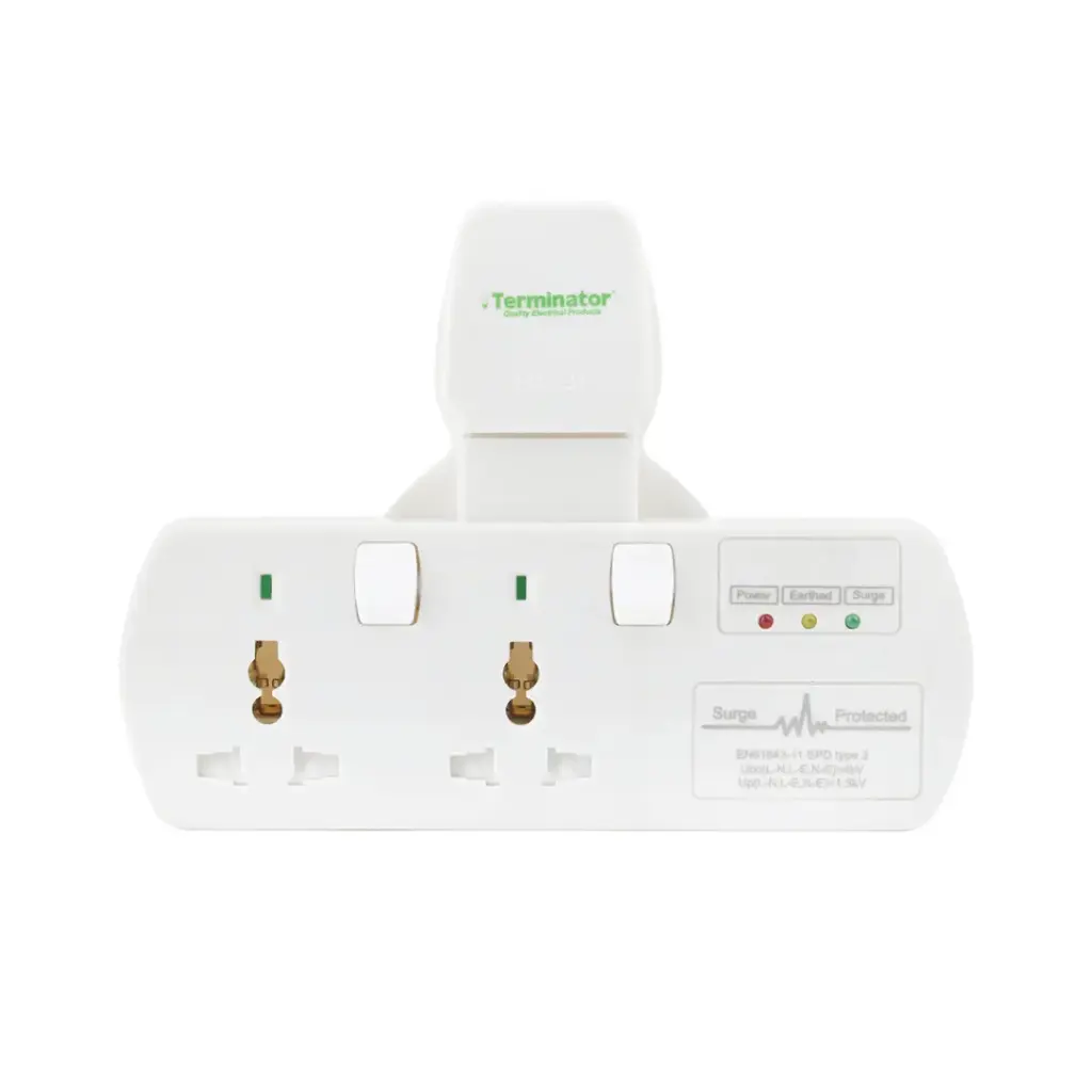 Terminator 2 Way Universal T Socket With Surge Protection,Individual Switch And Indicator