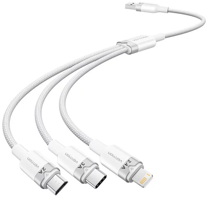 [CTPWG] VENTION VENTION USB 2.0 A Male to 3-in-1 USB-C & Lightning & Micro-B Male 3A Cable 1.5M White Aluminum Alloy Type Model# CTPWG
