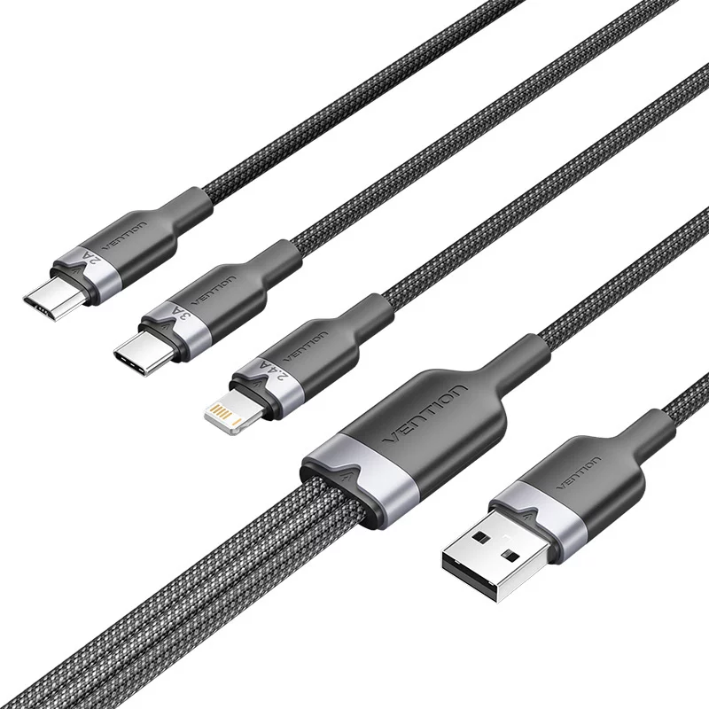 [CTPBG] VENTION VENTION USB 2.0 A Male to 3-in-1 USB-C & Lightning & Micro-B Male 3A Cable 1.5M Black Aluminum Alloy Type Model# CTPBG