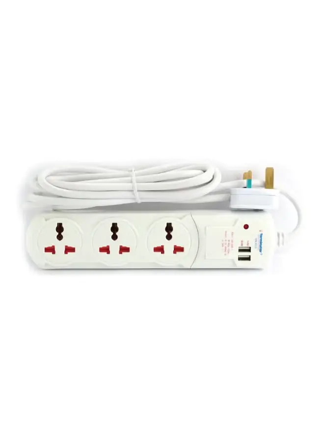 Terminator 3 way power extension outlet with 2 usb socket