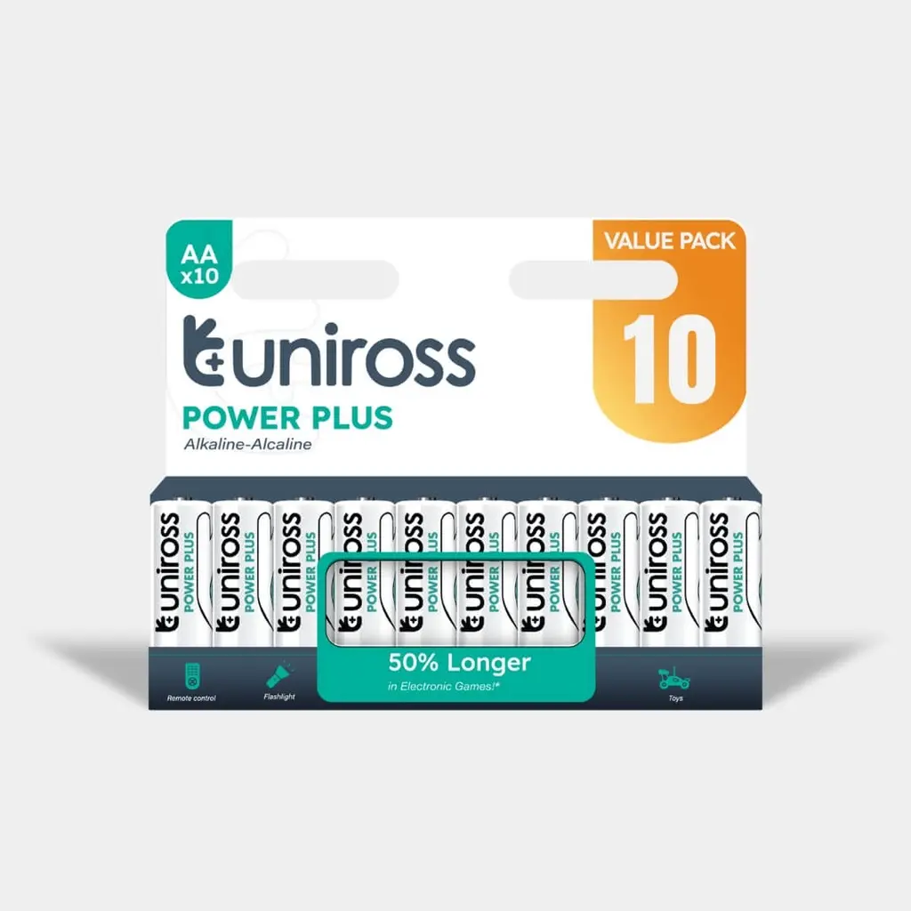 [UPPAAPK10] Uniross Power Plus Alkaline Battery AA 1.5V Reliable Performance, Long Shelf Life, Rugged, leak-proof  Battery Pack of 10 Model# UPPAAPK10