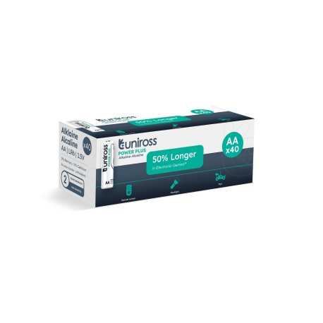 [UPPAABX40] Uniross Power Plus Alkaline Battery AA 1.5V Reliable Performance, Long Shelf Life, Rugged, leak-proof  Battery Pack of 40 Model# UPPAABX40