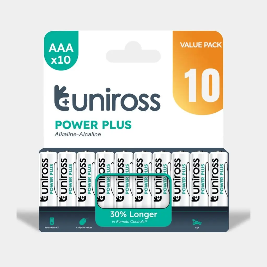 Uniross Power Plus Alkaline Battery AAA 1.5V Reliable Performance, Long Shelf Life, Rugged, leak-proof  Battery Pack of 10 Model# UPPAAAPK10