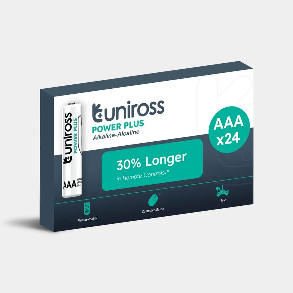 [UPPAAABX24] Uniross Power Plus Alkaline Battery AAA 1.5V Reliable Performance, Long Shelf Life, Rugged, leak-proof  Battery Pack of 24 Model# UPPAAABX24