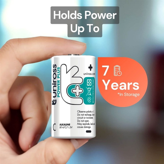 Uniross Power Plus Alkaline Battery C/LR14 1.5V Reliable Performance, Long Shelf Life, Rugged, leak-proof  Battery Pack of 2 Model# UPPCPK2