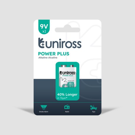 [UPP9PK1] Uniross Power Plus Alkaline Battery 9V/6LR61  Reliable Performance, Long Shelf Life, Rugged, leak-proof  Battery Pack of 1 Model# UPP9PK1