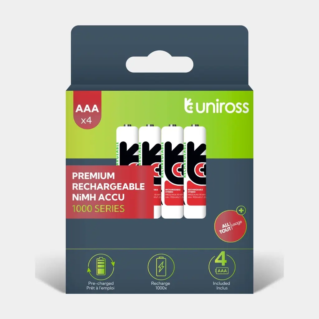 [UH4AAA1000] Uniross UH4AAA1000 Ni-MH Rechargeable AAA Battery (1000mAh, Pack of 4) – Eco-Friendly, Long-Lasting Power for Everyday Devices Model# UH4AAA1000