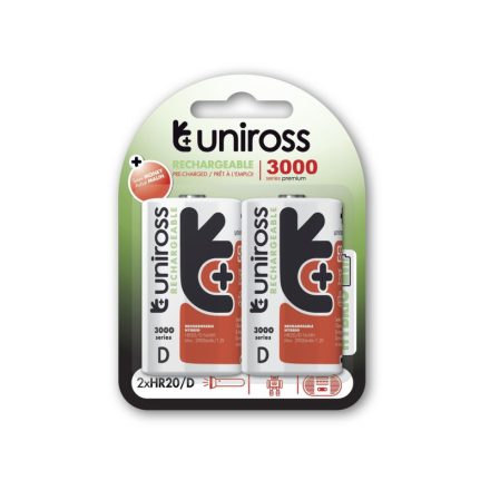 [UH2D3000] Uniross UH2D3000 Ni-MH Rechargeable D Battery (3000mAh, Pack of 2) – High Capacity, Long-Lasting, Eco-Friendly Power for High-Drain Devices Model# UH2D3000