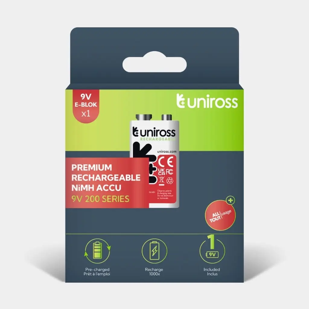 [UH19V200] Uniross UH19V200 9V Ni-MH Rechargeable Battery, 200mAh Capacity, Long-Lasting Power, Eco-Friendly Design, High-Performance Rechargeable Battery, Pack of 1