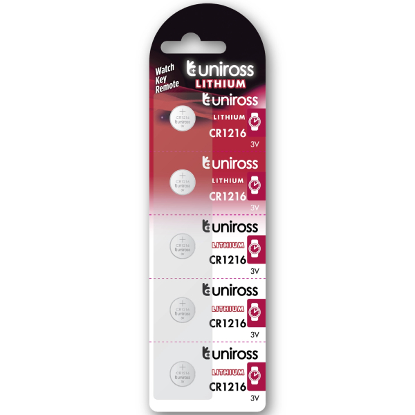 [U5CR1216] Uniross CR1216 Lithium Coin Cell Battery 3.0V Pack of 5 Batteries - Equivalent to BR1216, DL1216, ECR1216 Model# U5CR1216