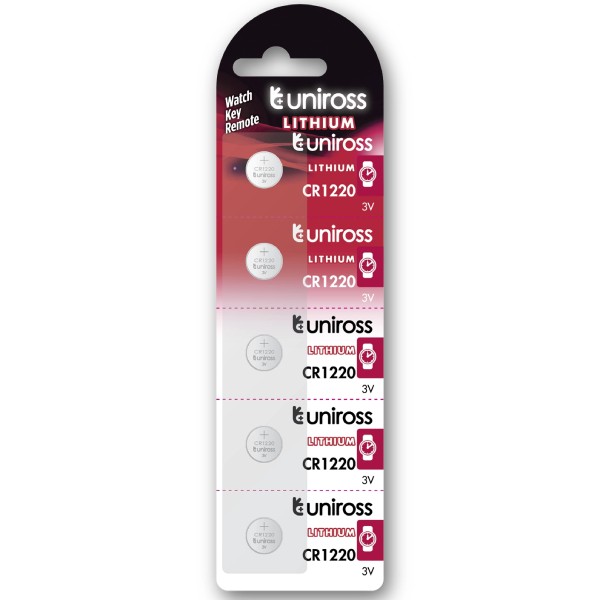 Uniross CR1220 Lithium Coin Cell Battery 3.0V Pack of 5 Batteries - Equivalent to BR1220, DL1220, ECR1220 Model# U5CR1220