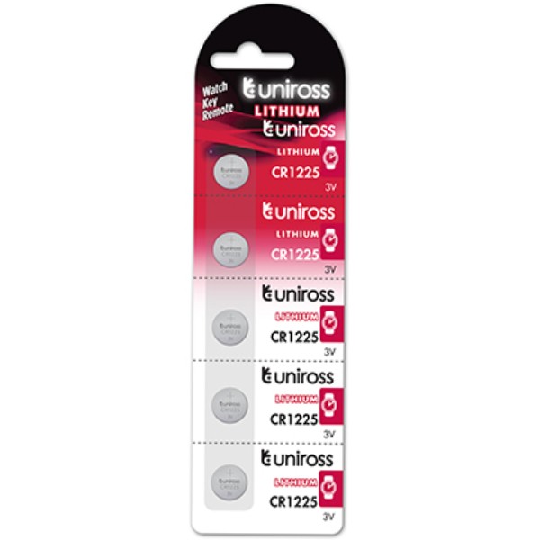 Uniross CR1225 Lithium Coin Cell Battery 3.0V Pack of 5 Batteries - Equivalent to BR1225, DL1225, ECR1225 Model# U5CR1225