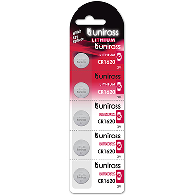Uniross CR1620 Lithium Coin Cell Battery 3.0V Pack of 5 Batteries - Equivalent to BR1620, DL1620, ECR1620 Model# U5CR1620