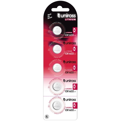 Uniross CR1632 Lithium Coin Cell Battery 3.0V Pack of 5 Batteries - Equivalent to BR1632, DL1632, ECR1632 Model# U5CR1632
