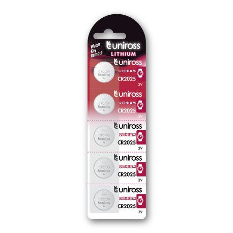 [U5CR2025] Uniross CR2025 Lithium Coin Cell Battery 3.0V Pack of 5 Batteries - Equivalent to BR2025, DL2025, ECR2025 Model# U5CR2025