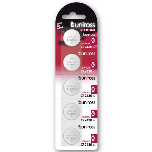 Uniross CR2430 Lithium Coin Cell Battery 3.0V Pack of 5 Batteries - Equivalent to DL2430, ECR2430 Model# U5CR2430