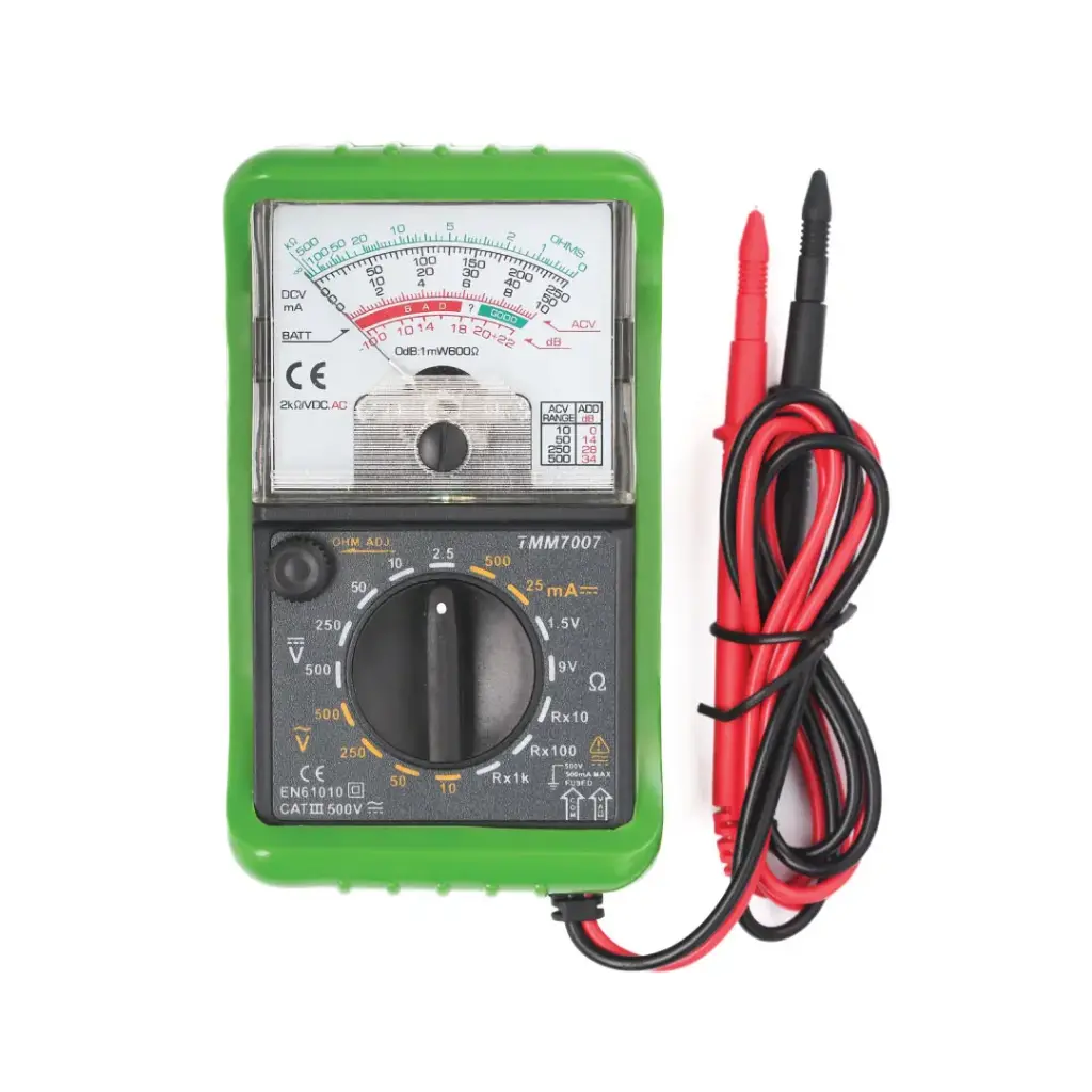 [TMM 7007] Terminator Multi Meter Analogue  500V AC/DC, DC Current  Resistance Decibel -10 to 56dB &  Battery Test 1.5V 9V, Green  Color Holster