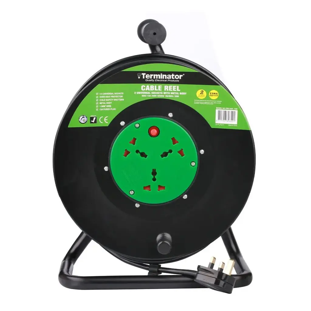 Terminator 3 Way Universal Power Extension Reel Metal Spool Over Heat Protector 50M Cable 3x1.5MM2 With 13A Fused Plug 