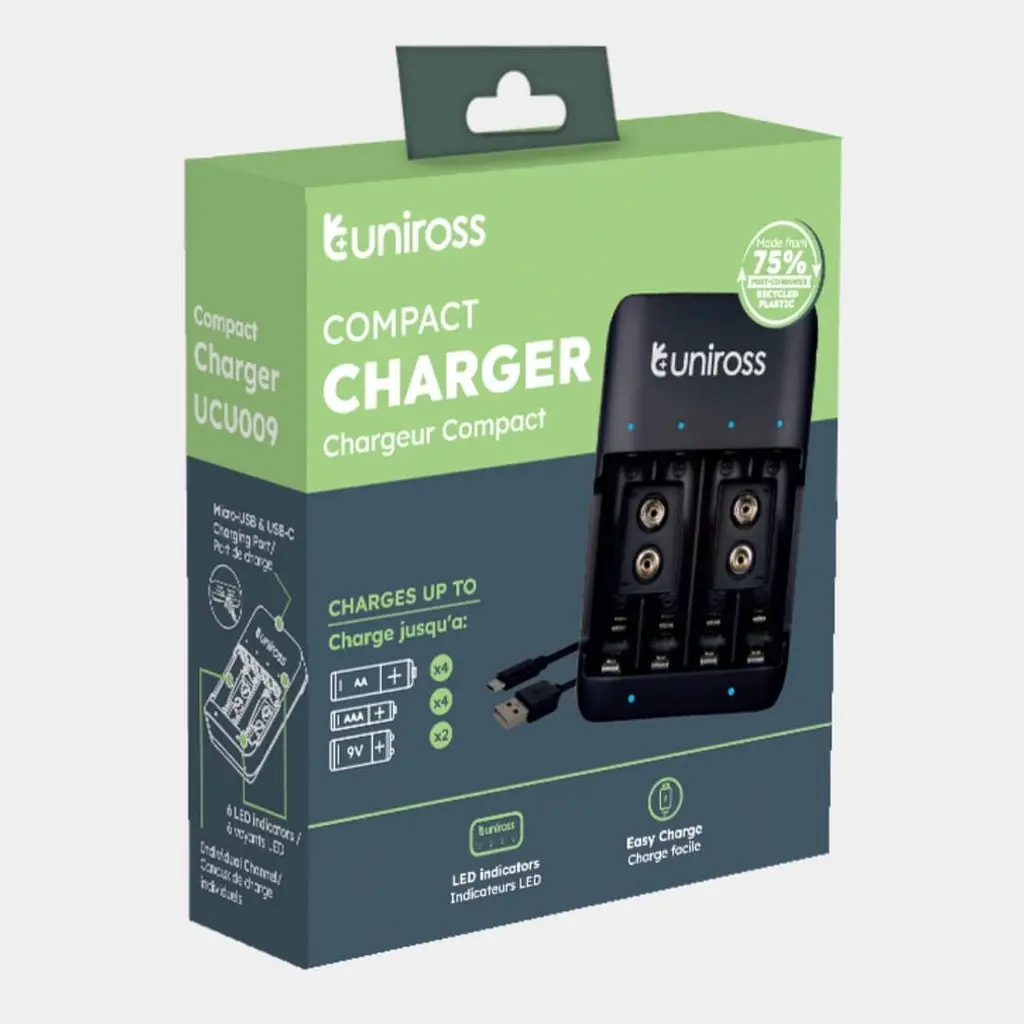 Uniross Compact Battery Charger for AA, AAA & 9V Batteries Model# UCU009