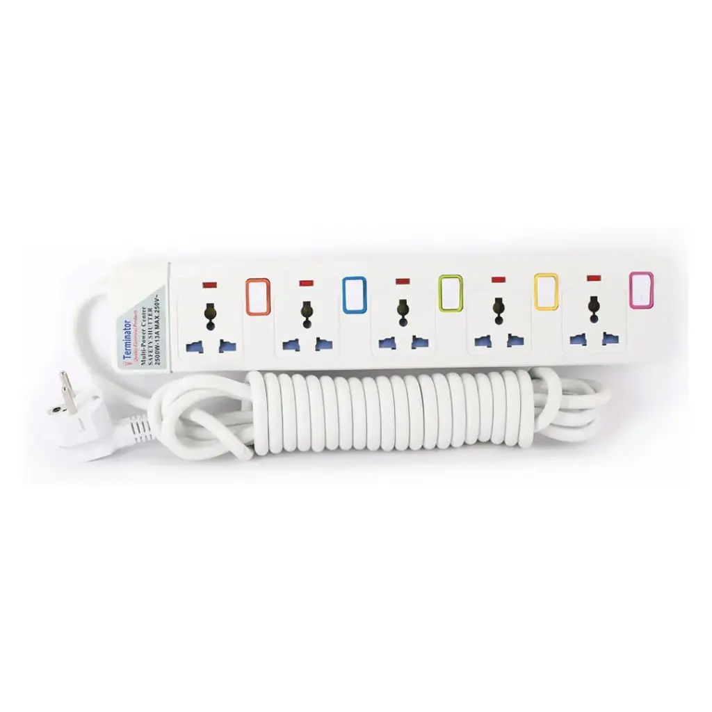 Terminator 5 Way Universal  Power Extension Socket With  Individual Switches & Indicators  5M Suchko Plug