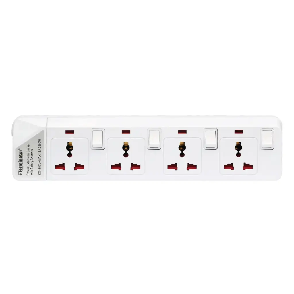 Terminator 4 Way Universal Power Extension Socket With Individual Switches, Indicators and Without Cable