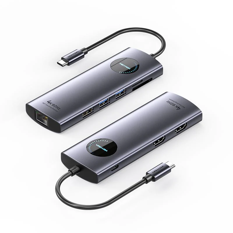 VENTION USB-C to HDMI x 2/USB 3.0 x 2/USB 2.0/RJ45/SD/TF/PD MST Docking Station 0.15M Gray Aluminum Alloy Type Model #TQVHB