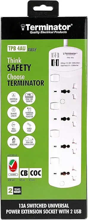 Terminator 4 Way Universa Power Extension Socket 2 USB Socket Charger Single LED 3M Cable 13A Plug Esma Approved