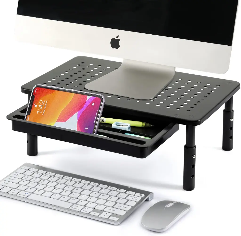 [MS05S-B] Monitor Stand Riser, 3 AdjUStable Height Monitor Stand With Storage Drawer For Computer, Pc, Printer Home&Office, Ergonomic Premium Metal Riser Stand, Black