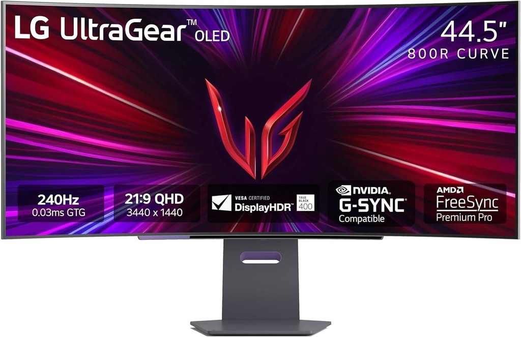 LG 45" UltraGear OLED WQHD Curved Gaming Monitor, 240Hz Refresh Rate & 0.03ms (GtG), NVIDIA G-SYNC Compatible, DCI-P3 98.5% & HDR10, HDMI 2.1 / DisplayPort, Black | 45GS95QE-B
