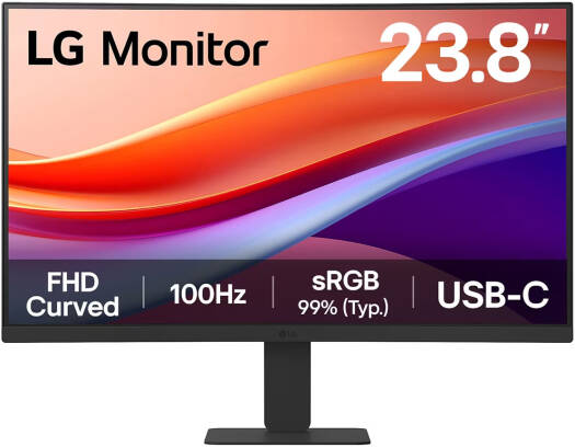 LG 24 inch Curved Monitor FHD (1920×1080), 100Hz Refresh Rate, 5ms Response Time, HDR10, USB‑C 15W Power Delivery, HDMI, Eye-Care Flicker Safe, Tilt Adjustable, 3-Side Borderless Design, 24U421A‑B Black