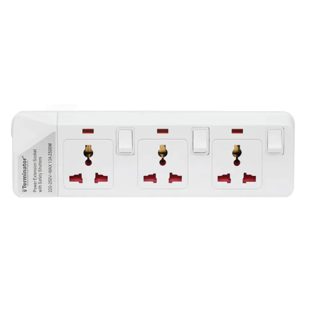 Terminator 3 Way Universal Power Extension Socket With Individual Switches, Indicators and Without Cable