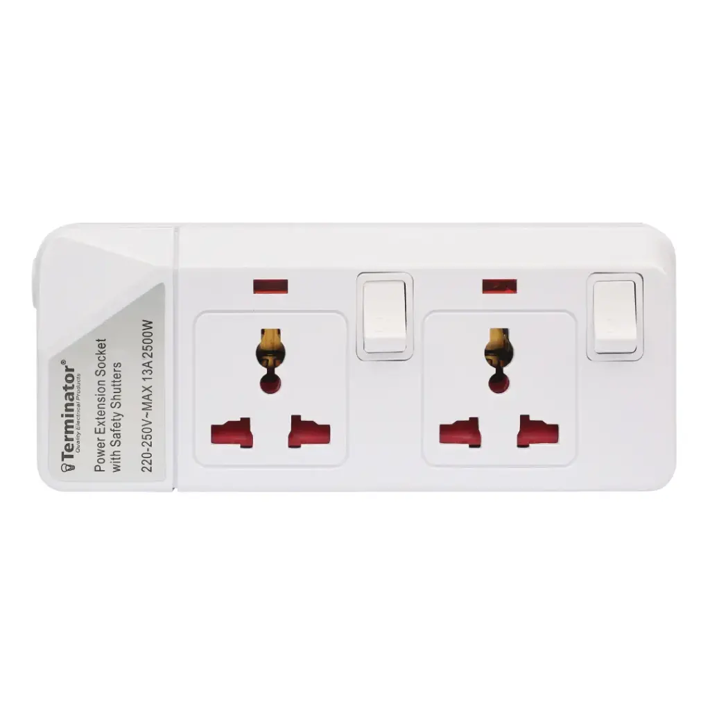 Terminator 2 Way Universal Power Extension Socket With Individual Switches, Indicators and Without Cable