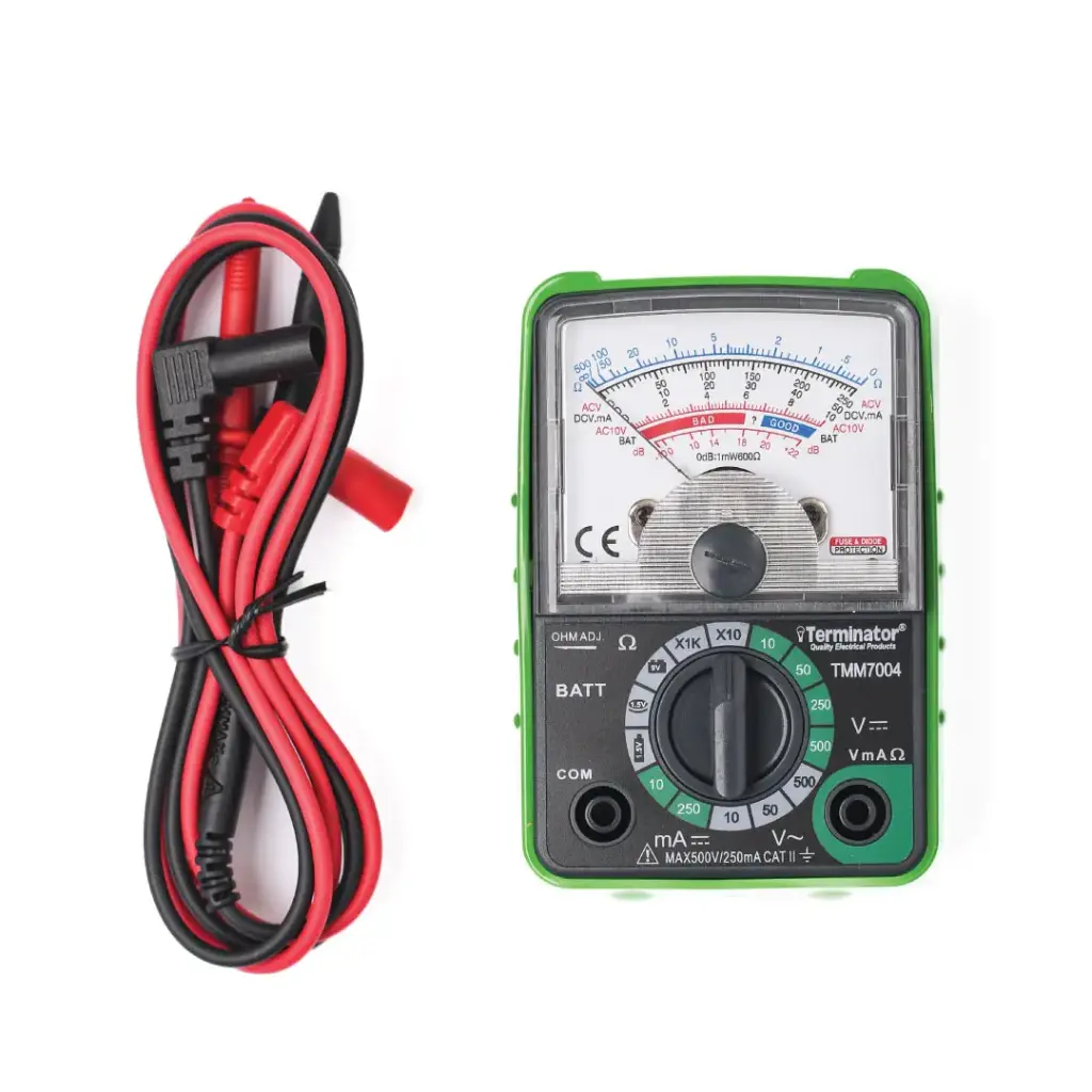 [TMM 7004] Terminator Analogue Multimeter Pocket Size, AC/DC Voltage 500V, DC current 250mA, Resistance, dB Measurement and Battery Test 1.5V and 9V, Green Color Holster