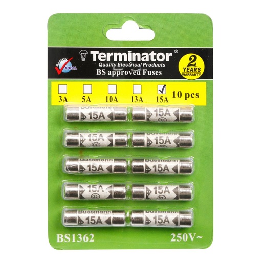 [TCF 15A] Terminator Porcelain Ceramic Fuse 10 pcs Pkt, 6x25mm Fast Blow Ceramic Fuses (15A Pack of 10pcs)