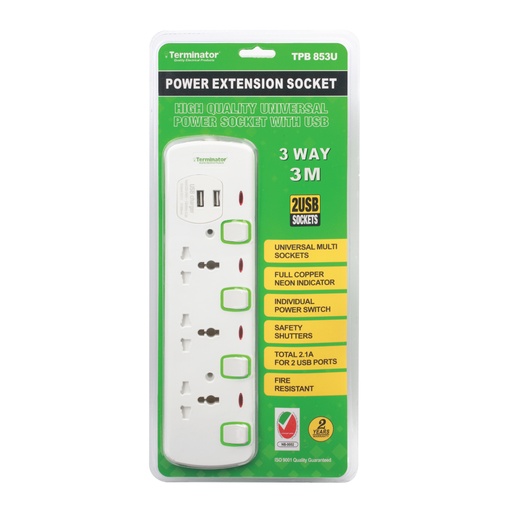 [TPB 853U] Terminator Power Extension 3 Socket 2 USB Charging Ports with 3 Meter Cable -TPB 853U