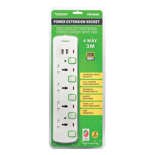 [TPB 854U] Terminator 4 Way Universal Power Socket With 2USB.