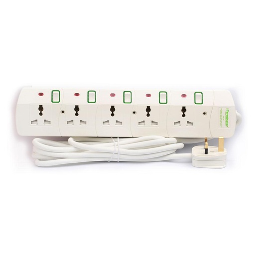 [TPB 5G-5M] Terminator 5 way Universal Power Extension Socket, 5M 3X1.25MM2, White color body & cable with individual switch 13A Fused plug.