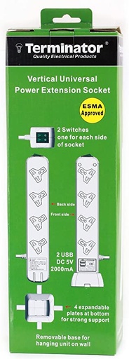 [TVPB 8A-2USB] Terminator 8 way Universal vertical power Extension with 2 USB Ports - TVPB 8A