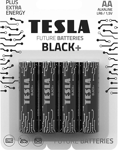 [TS-Black+  4AA] Tesla AA Battery Black+ Alkaline - Plus Extra Energy Batteries Blister Foil LR6/1.5V Pack of 4