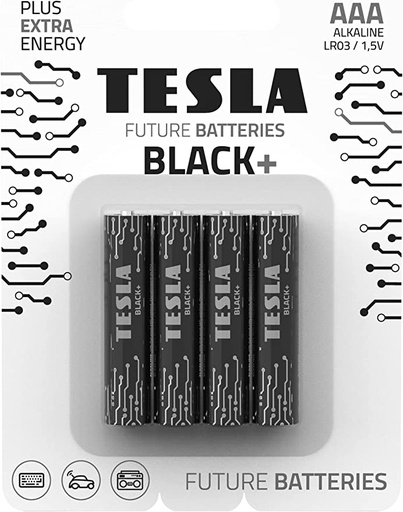 [TS-Black+ 4AAA] Tesla AAA Battery Black+ Alkaline - Plus Extra Energy Batteries Blister Foil LR03/1.5V Pack of 4