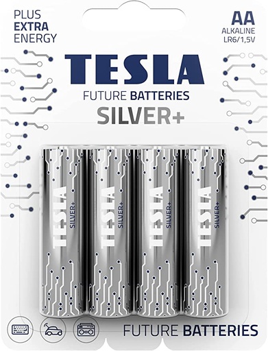 [TS-Silver+ 4AA] Tesla AA Battery Silver+ Alkaline - Plus Extra Energy Blister Foil LR6/1.5V Pack of 4